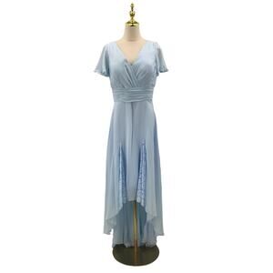 BRIDESMAID  SZ 12 L Blue Handkerchief Vneck Lace up party Maxi Dress NEW B82
